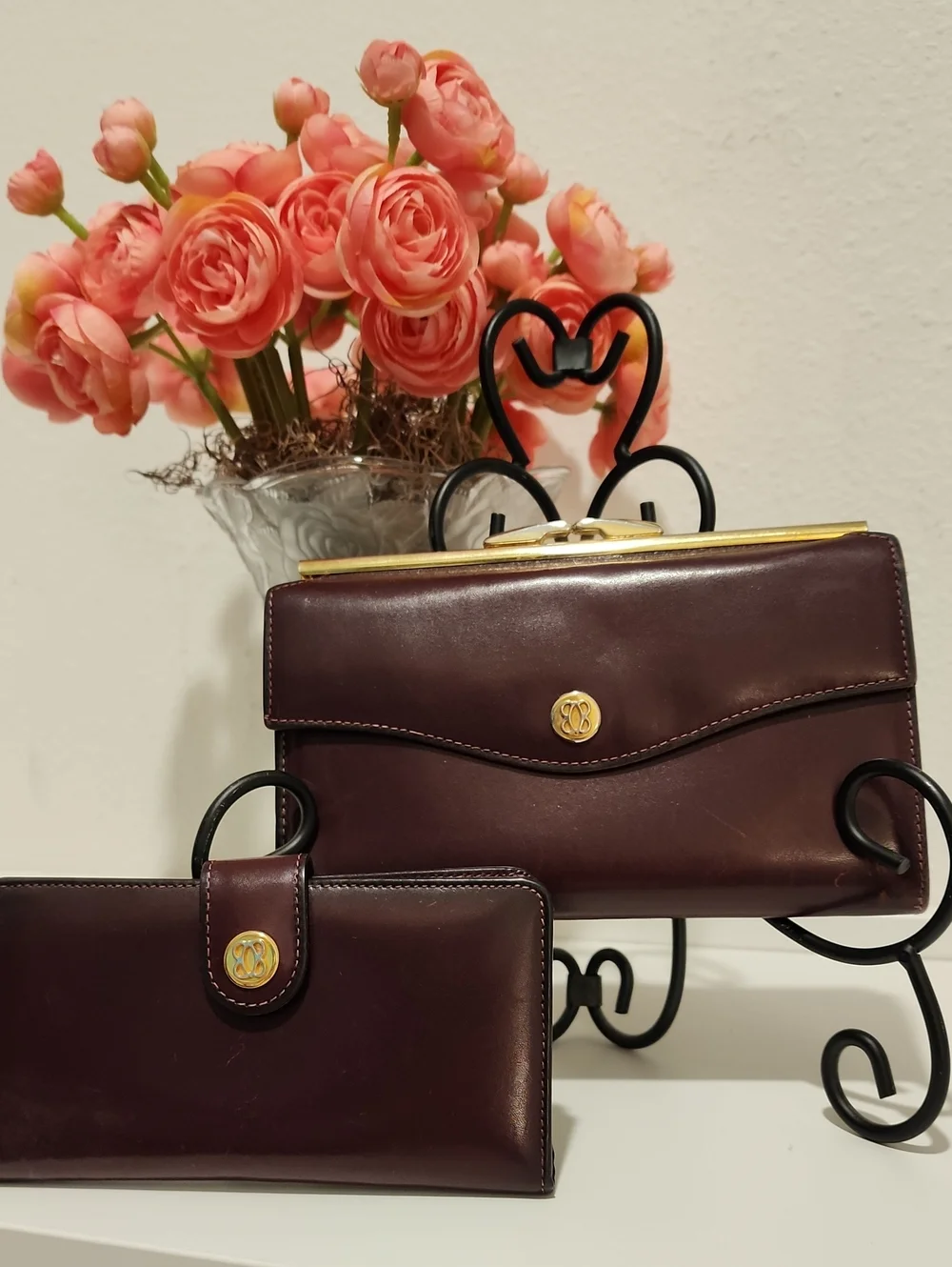 Bosca Vintage Burgundy Leather Wallet Clutch And Card Holder Set - Both Pieces